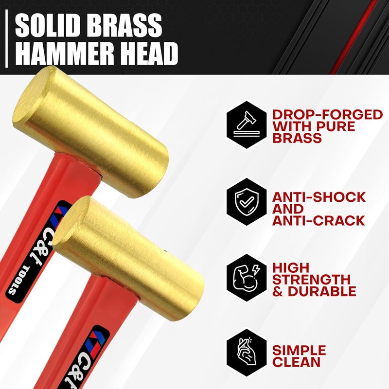 ct 3-Piece Hammer Set, Jacketed Fiberglass Solid Brass Non-Sparking Hammers, 16, 24, 32oz, Non-Marring - Image 4